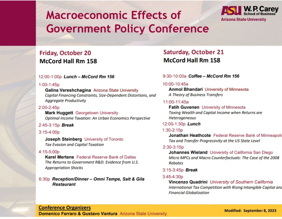 Gustavo Ventura (@king_ofsweden) on Twitter photo Looking forward to a great conference this weekend on Macro Effects of Government Policy. Here, at ASU Economics, <a href="/WPCareySchool/">W. P. Carey School</a>.
Organized by Domenico Ferraro <a href="/Domenic19051997/">Domenico Ferraro</a> and yours truly. Looking forward to a great conference this weekend on Macro Effects of Government Policy. Here, at ASU Economics, <a href="/WPCareySchool/">W. P. Carey School</a>.
Organized by Domenico Ferraro <a href="/Domenic19051997/">Domenico Ferraro</a> and yours truly.
