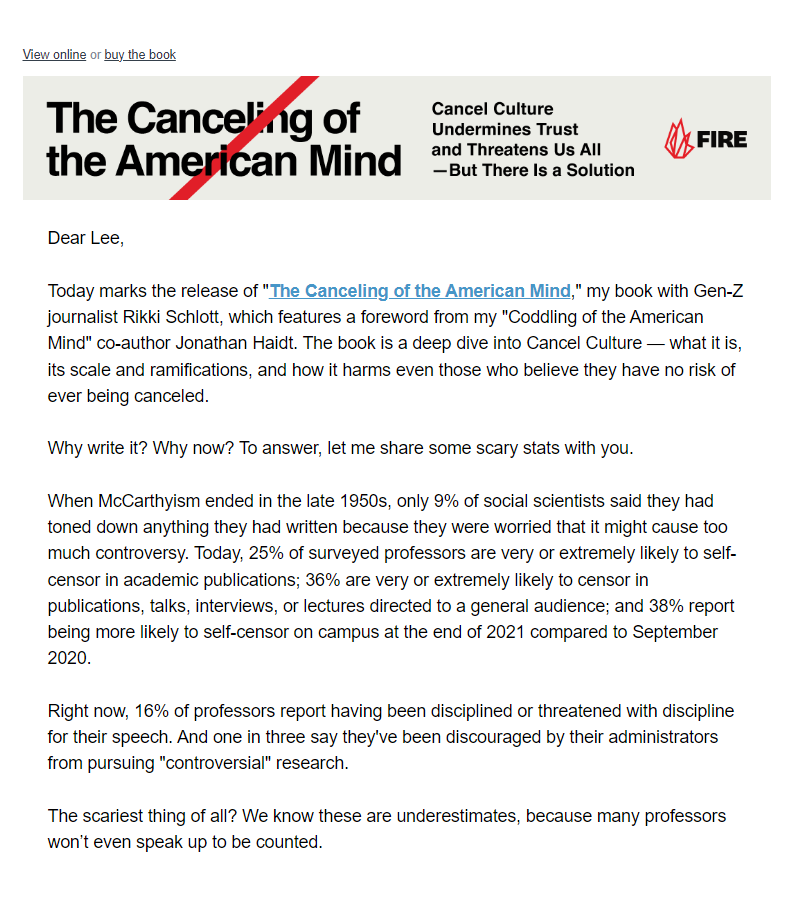 SteveStuWill's tweet photo. "When McCarthyism ended in the late 1950s, only 9% of social scientists said they had toned down anything they had written because they were worried that it might cause too much controversy. Today, 25% of surveyed professors are very or extremely likely to self-censor in academic publications [and] 36% are very or extremely likely to censor in publications, talks, interviews, or lectures directed to a general audience...

"16% of professors report having been disciplined or threatened with discipline for their speech. And one in three say they've been discouraged by their administrators from pursuing 'controversial' research." https://t.co/oZbR7lWD9u
