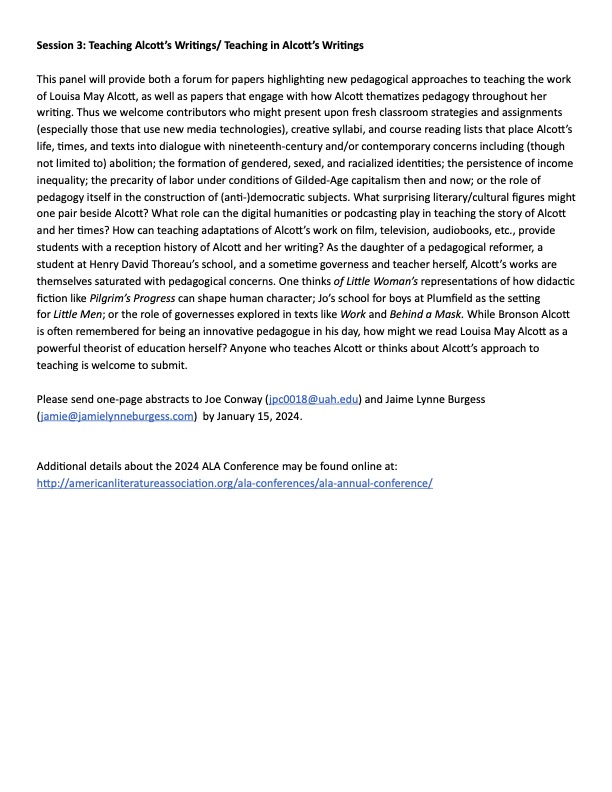 AlcottSociety's tweet photo. Share your Alcott research with us! The Alcott Society is hosting 3 awesome panels at the May 2024 American Lit Assoc Conference: Proposal deadline: Jan 15. Details here: https://t.co/FhDqTnOf0X https://t.co/BZBE41Rc1U