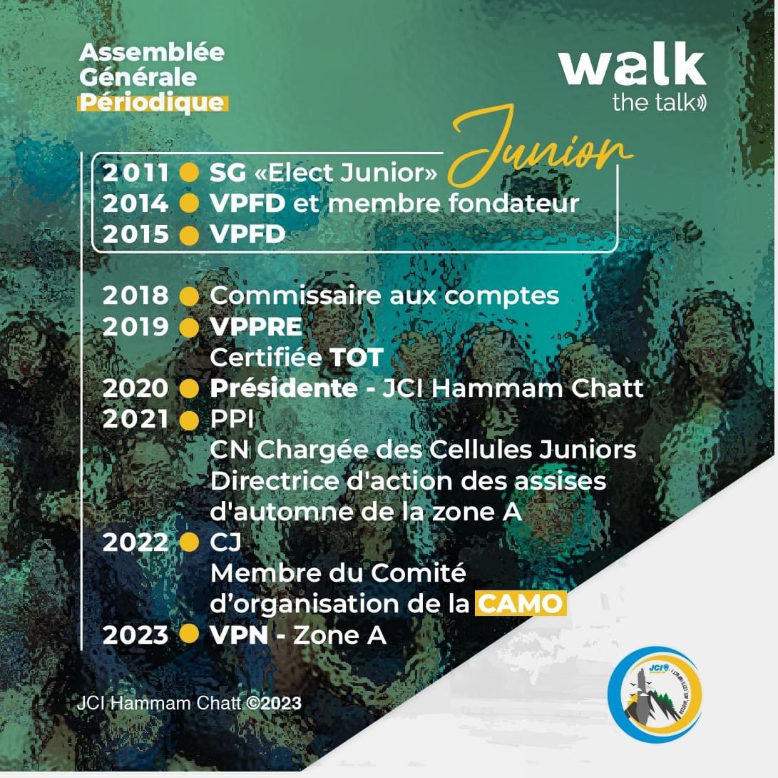JCIhchatt's tweet photo. AGP 23
Nous avons le plaisir de vous présenter notre chère formatrice Manel DRIDI.
#AGP23
#Believe_ACT_Letsimpact 
#JCI_HAMMAM_CHATT
#Walk_The_Talk
#GuidedByPurpose 
#JCI #TUN https://t.co/VcDK9ov58k
