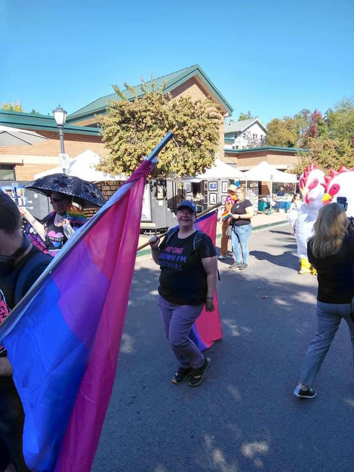 amBiSocial's tweet photo. amBi Southern Oregon #amBiSO hoisted the bi flag for #SOPride and #NationalComingOut weekend! 💖💜💙 https://t.co/U5JV5vSDm7