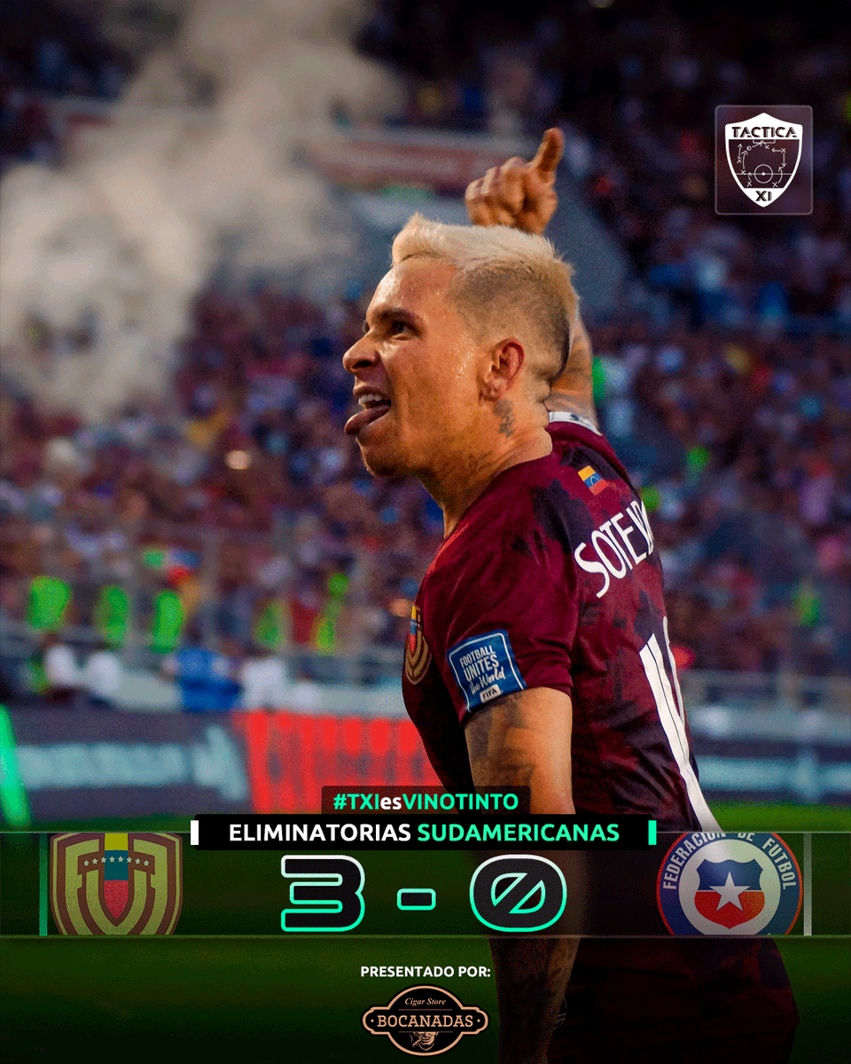 ¡GOL3ADA CON UN DULCE VINO TINTO!

🏟️ La selección nacional de venezuela se alzó con un triunfo importantísimo de 3-0 ante Chile en el Estadio Monumental de Maturín, por la jornada 4 de las eliminatorias CONMEBOL.

⚽ Soteldo (45+1), Salomón Rondón (72'), Darwin Machís (79').