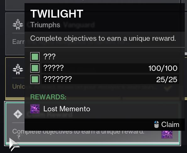 DestinyBulletn's tweet photo. Secret Twilight Triumph objectives have been found.

1. Complete the Fallen SABER strike with Clovis Bray Mask equipped.
2. Get 100 kills on Neomuna with Nimbus Mask equipped.
3. Get 25 Finishers in Legend Haunted Sectors with Tormentor Mask equipped. https://t.co/YeJ4NZbhqF