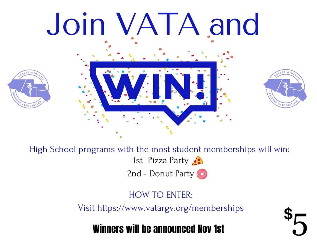 Calling all RGV Athletic Training Student Aides! We would love for you to be a part of our great organization, VATA! The high school with the most students to sign up will get a pizza party. Second place will get a donut party. SIGN UP TODAY! vatargv.org/memberships