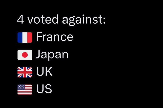 Rusya'nın ateşkes çağrısına hayır oyu veren dört ülke:
Fransa, ABD ve İngiltere'yi anladık da 
Japonya, sana ne oluyor?

Doğru, sen de bağımsız değildin değil mi?
#PalestineGenocide