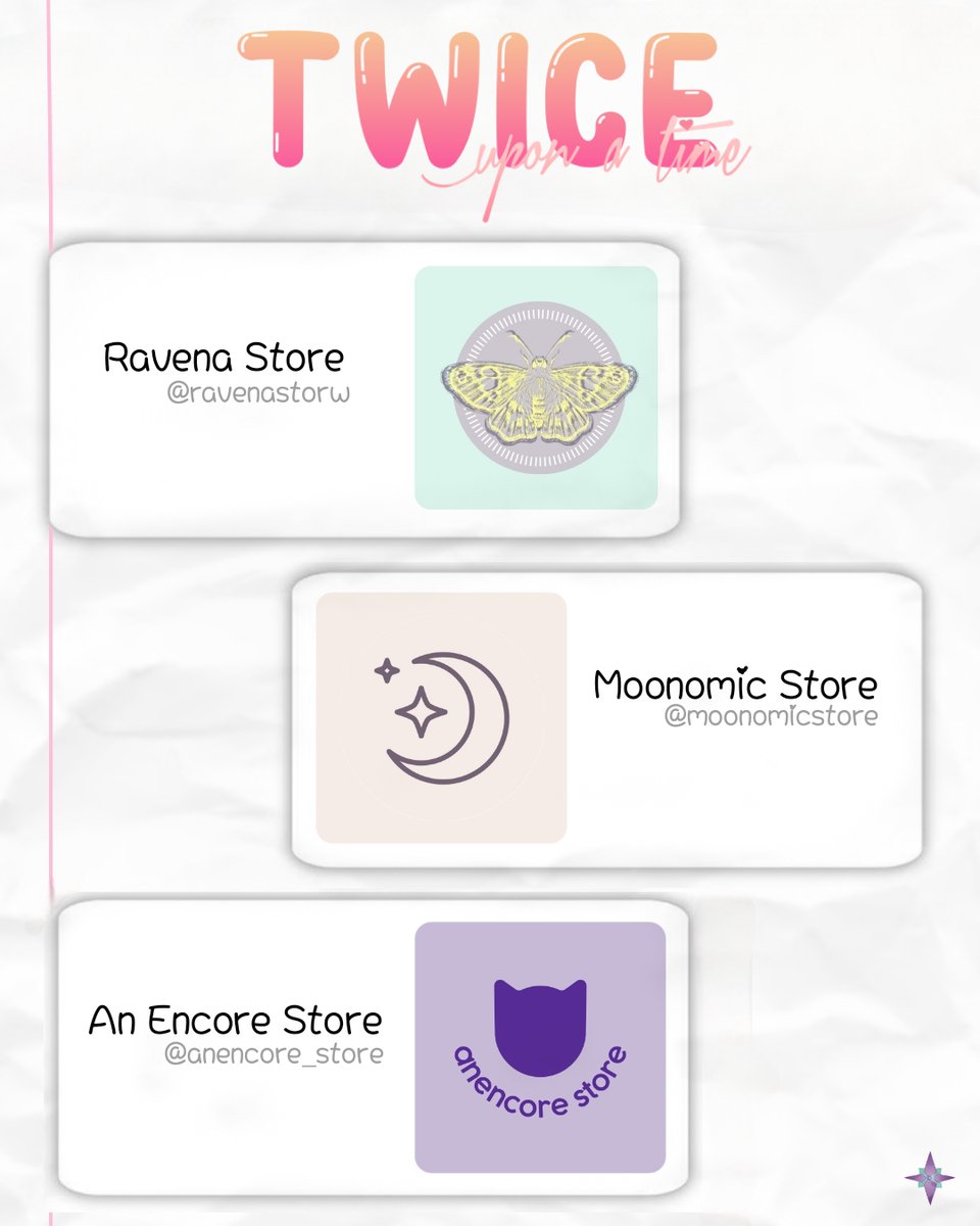 #ONCEs,
Olhem só as incríveis lojinhas que vão fazer a felicidade de vocês nas comprinhas em nosso evento! 💞
<a href="/ravenastore/">ravena store! ᡣ𐭩</a> | <a href="/moonomicstore/">Moonomic Store 🌙</a> | <a href="/AnEncore_Store/">An Encore Store 🌷🍑</a> 

O evento já é no próximo sábado (21), aproveitem que ainda tem ingressos disponíveis! 

🔗sympla.com.br/twice-upon-a-t…