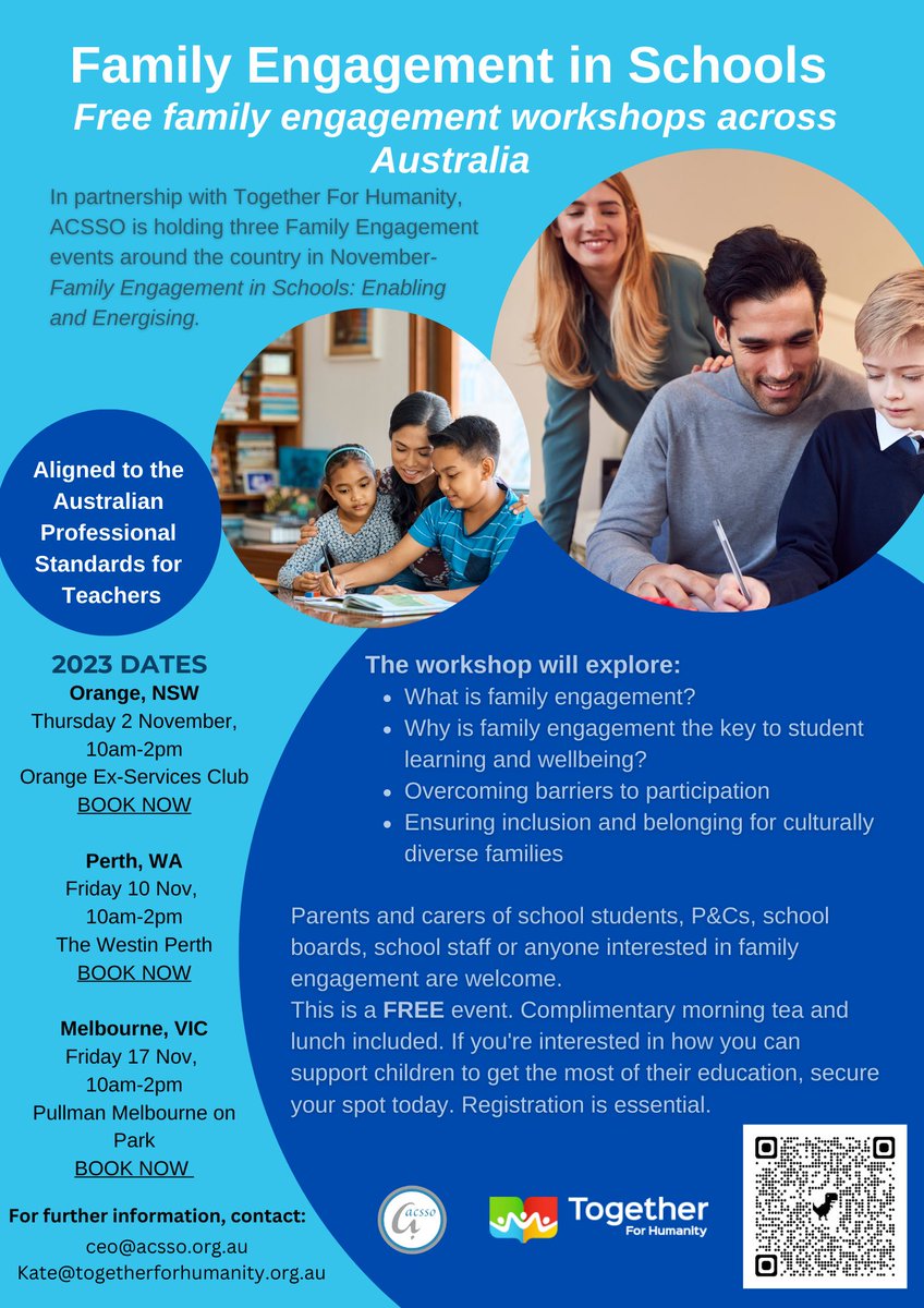 KateXavier9's tweet photo. Join us for a free Family Engagement in schools workshop. We’ll explore the value of family engagement for learning and wellbeing and strategies to engage culturally diverse families to enhance belonging. Orange, Perth and Melbourne sessions! 
Register at https://t.co/wAS6Y4glT8 https://t.co/yccX9xxKtO