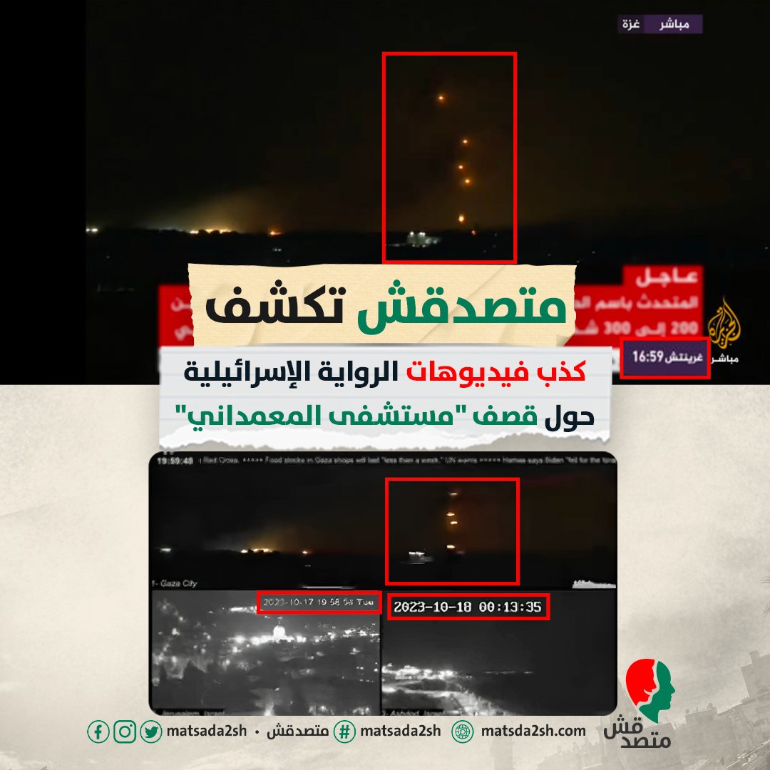 matsda2sh's tweet photo. 📌 نشر حساب تويتر الرسمي لإسرائيل، الذي يديره فريق الدبلوماسية الرقمية، التابع لوزارة الخارجية الإسرائيلية، على موقع إكس (تويتر سابقًا) ، مقطع فيديو، ادعى فيه أنه لقطات حية لإطلاق صواريخ من #غزة على #إسرائيل، محملًا حركة الجهاد الإسلامي مسؤولية تفجير مستشفى الأهلي المعمداني في غزة، بعد إطلاق صاروخي خاطئ، وفقًا لرواية جيش الاحتلال.❌❌
@Israel @IsraelMFA 

➖ بعد دقائق، ��رى حذف مقطع الفيديو من الحساب.❌❌

⭕  لكن فريق عمل #متصدقش احتفظ بنسخة من الفيديو المحذوف، وحلل المقطع الذي استندت عليه إسرائيل في نفي مسؤوليتها عن قصف المستشفى الأهلي المعمداني، ووجدنا أنها لا علاقة لها بالحادث، والتقطت بعد ساعة تقريبًا من استهداف مستشفى الأهلي المعمداني.⬇️⬇️

❓❓ما رواية إ.س.ر.ائيل

➖ الفيديو الذي نشره حساب إسرائيل، يحتوى على ثلاث مقاطع مركبة، كل مقطع منه له توقيت مختلف عن الآخر.

يؤكد ذلك عدم تطابق التوقيتات.

◼️المقطع الأول: يصور عملية إطلاق صواريخ من قطاع غزة، في تمام الساعة (19:59). (16:59 بتوقيت غرينتش)

◼️المقطع الثاني في تمام الساعة ( 19:58) بتاريخ 17 أكتوبر 2023.( 16:58 بتوقيت غرينتش)

◼️المقطع الثالث( 12 بعد منتصف الليل)  بتاريخ 18 أكتوبر 2023 ( اليوم التالي لقصف المستشفى) أي أن الفيديو به ثلاث توقيات مختلفة.

❓❓ماذا وجدنا

◼ الفيديو الذي نشرته إسرائيل، تطابق مع نفس لقطات من بث مباشر لقناة "الجزيرة مباشر"، من داخل قطاع غزة في تمام الساعة (19:59) أي بعد استهداف المستشفى بساعة تقريبًا، حيث يظهر على الشاشة التقديرات الأولية لوزارة الصحة عن أعداد ضحايا قصف المستشفى.
@ajmubasher 
❓❓متى كان قصف المستشفى

◼️ أظهر البث المباشر لقناة الجزيرة القطرية من  قطاع غزة، حدوث غارات على حي الشجاعية، الساعة ( 18:59) بتوقيت مكة المكرمة، وهو نفس توقيت (مصر- قطر- فلسطين).

◼️ الساعة ( 19:29 بتوقيت مكة)،  أكد مراسل الجزيرة أن القصف الذي استهدف حي الشجاعية منذ قليل كان هو مستشفى الأهلي المعمداني.

➖الخلاصة:

◼️ توقيت قصف مستشفى الأهلي المعمداني، الذي يظهر أسفل يمين الشاشة، كان الساعة ( 18:59)، الساعة السادسة و 59 دقيقة بتوقيت مكة المكرمة والقاهرة، وقطر وفلسطين.

◼️ ما يعني أن جميع التوقيات التي نشرتها إ.س.رائيل وهي (  19:58 و19:59)، تزيد بمقدار ساعة عن توقيت الحادث، ولا تتطابق مع وقت الحادث الفعلي للمستشفى.
 #متصدقش 

المصادر في أول تعليق ⬇️⬇️

لو عندكم أي خبر أو معلومة محتاجين تتأكدوا منها ابعتولنا على رسايل الصفحة او على ايميلنا: matsda2sh@gmail.com

#مستشفي_المعمداني #hospital #Palestine #Israel #Hamas #GazaUnderAttack #طوفان_الأقصى #PalestineUnderAttack