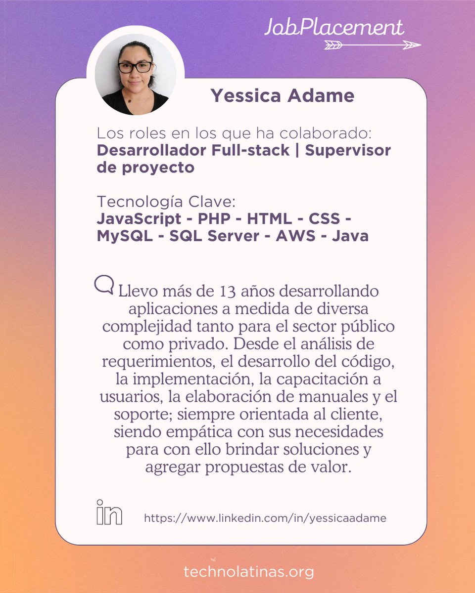 Technolatinas's tweet photo. En #TechnoLatinas visibilizamos el talento.
Hoy compartiremos las #JobCard, es una tarjeta con breve infromación sobre su perfil profesional de las quien este #opentowork 👩🏻‍💻
Comparte con recruiters o empresas que necesiten mujeres en tecnología. https://t.co/2z116pIzVb