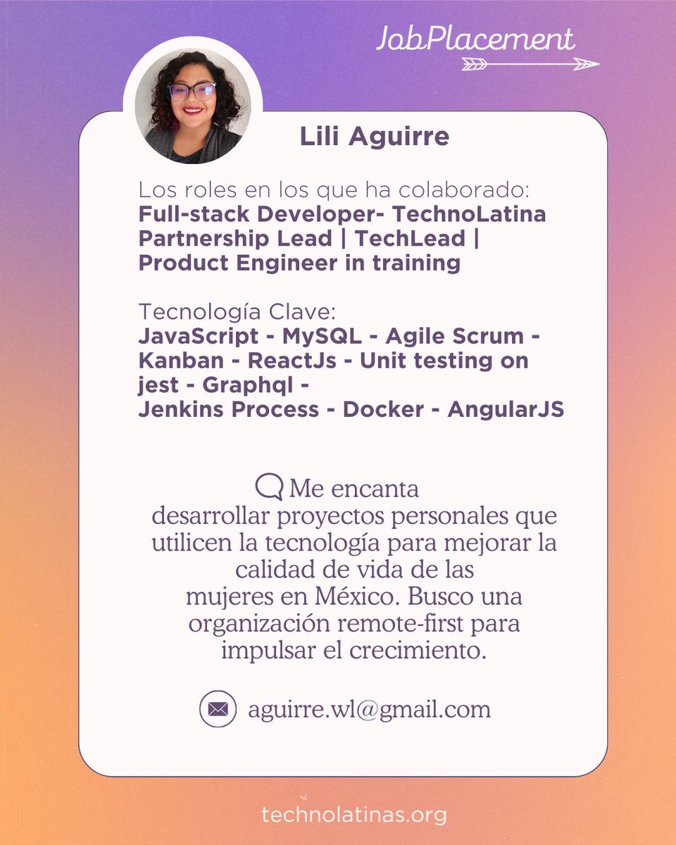 Technolatinas's tweet photo. En #TechnoLatinas visibilizamos el talento.
Hoy compartiremos las #JobCard, es una tarjeta con breve infromación sobre su perfil profesional de las quien este #opentowork 👩🏻‍💻
Comparte con recruiters o empresas que necesiten mujeres en tecnología. https://t.co/2z116pIzVb
