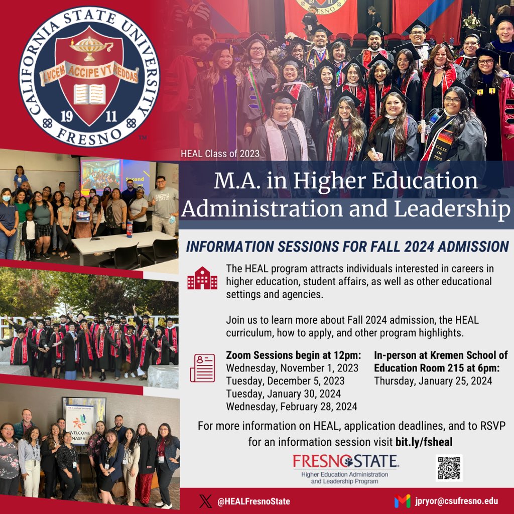 Ready for your Master's in #HEAL? For folks interested in careers in higher education and student affairs, we invite you to attend our next info session on Nov 1 at 12pm. Sign up at calendly.com/drpryor/heal-i… @FresnoKremenEdu @Fresno_State