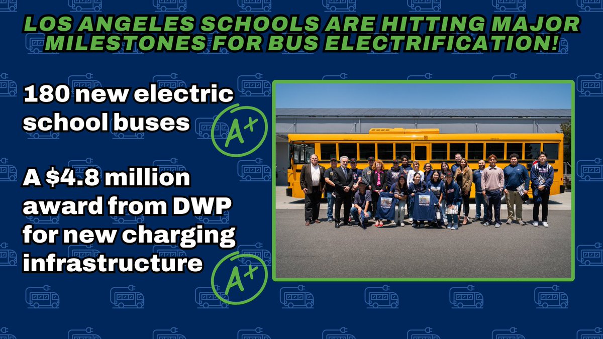 A big congrats to <a href="/LASchools/">Los Angeles Unified</a> for securing the largest electric bus purchase (180 buses) of any school district in the country! 🙌
You all get an A+:
<a href="/LAUSDSup/">Alberto M. Carvalho</a> <a href="/DrGeorgeMcKenna/">George McKenna</a> <a href="/Monica4LA/">Mónica García</a>  <a href="/ScottAtLAUSD/">Scott M. Schmerelson</a> <a href="/NickMelvoinBD4/">Board Member Melvoin</a> <a href="/Jackie4LAkids/">Jackie Goldberg, LAUSD Board President</a> <a href="/Kelly4LASchools/">Kelly Gonez, LAUSD</a> <a href="/TanyaForLAUSD/">Tanya Ortiz Franklin</a>
#ElectrifyLAUSD