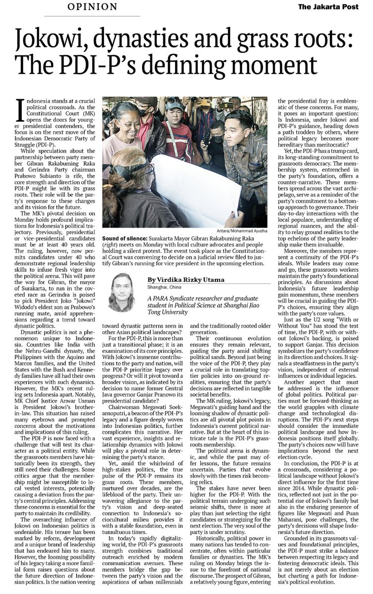 virdikaa's tweet photo. Tulisanku di The Jakarta Post hari ini (18/10), bertepatan dengan deklarasi capres-cawapres PDIP. Dengan isu Jokowi &amp; Gibran mendukung Prabowo, ini justru kesempatan bagi para kader PDIP tunjukkan mereka solid, tangguh &amp; ideologis. https://t.co/fditm1FuRa