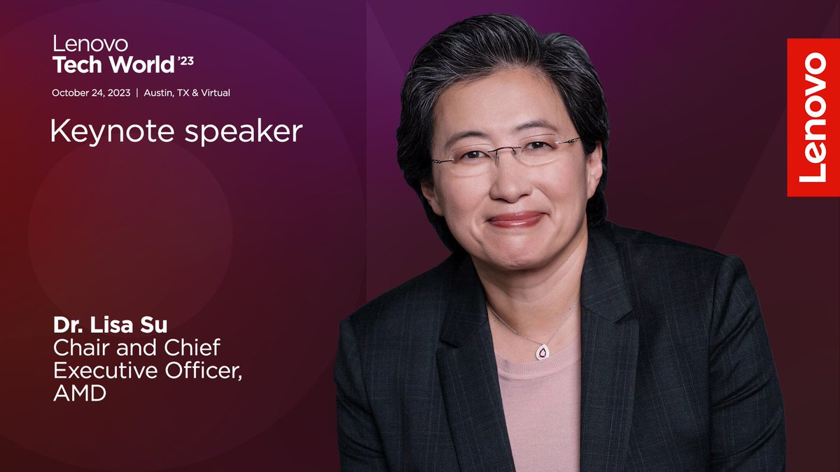 Look who will be at #LenovoTechWorld! I'm looking forward to hearing <a href="/LisaSu/">Lisa Su</a>, Chair and CEO of <a href="/AMD/">AMD</a>, discuss the future of #AI.

Tune in Oct 24: bit.ly/LenovoTW23