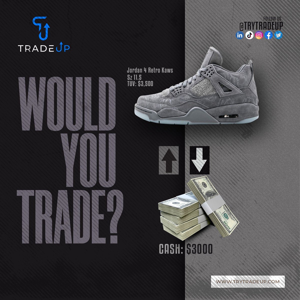 HelloTryTradeUp's tweet photo. Would you make this Trade? 
Comment below why and/or why not. 
Sign up and add to your collection today!
#TradeUP #TryTradeUp #TradewithTradeUp #sneakers #DoItAllwithTradeUp #tradeuptuesdays #AJ4 #Kaws #Jordan4kaws #Jordans #Aj4kaws #Jordan4 https://t.co/7CwblTuQYd