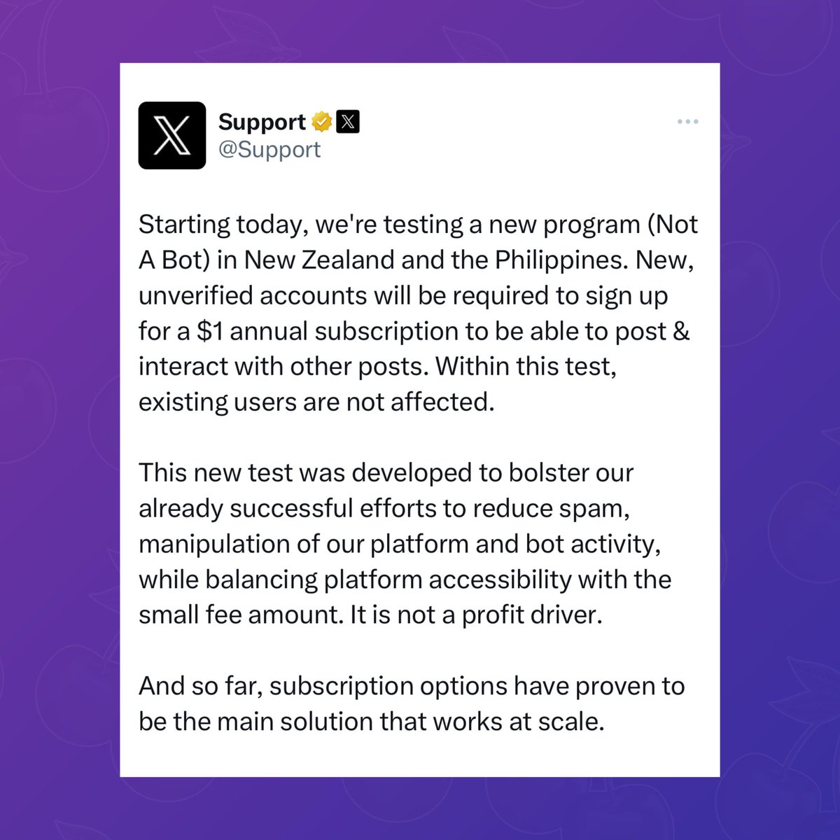 PopBase's tweet photo. Twitter/X is testing a new program called ‘Not A Bot’ that will require new unverified users to pay a $1 annual subscription to be able to post and interact (like, retweet, comment) on other posts. https://t.co/kpSsZcMaQ5