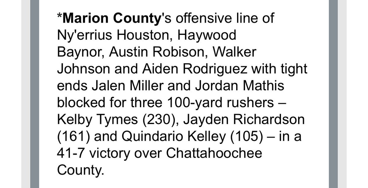 Marion County Eagles Football (@marioncofb) on Twitter photo Congratulations to the Marion County Offensive Line for being recognized as one of the <a href="/GHSFdaily/">GHSF Daily</a> “Lines of Distinction” for their efforts this past Friday. The OL paved the way for 528 rushing yards on 57 carries and 6 touchdowns! Congratulations to the Marion County Offensive Line for being recognized as one of the <a href="/GHSFdaily/">GHSF Daily</a> “Lines of Distinction” for their efforts this past Friday. The OL paved the way for 528 rushing yards on 57 carries and 6 touchdowns!