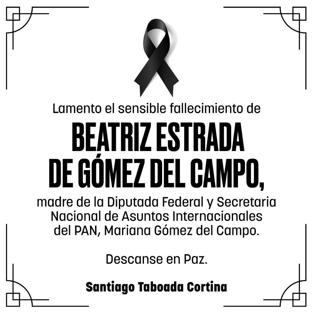 Estimada Diputada <a href="/marianagc/">Mariana Gómez del Campo</a>, lamento mucho la pérdida y momento difícil por el que estás pasando, te mando un abrazo fuerte y mi más sentido pésame para ti y tu familia.