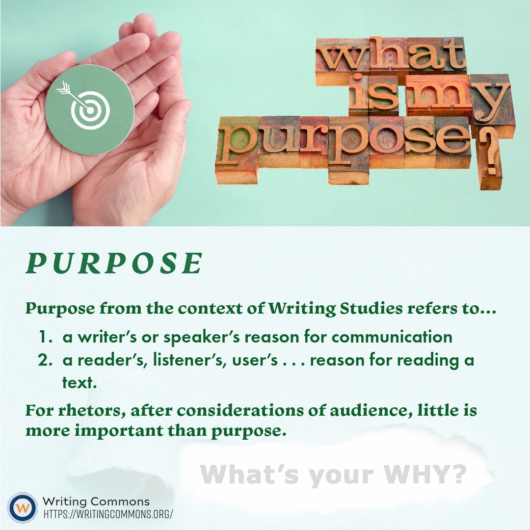 WritingCommons's tweet image. Aim, aim of discourse, goal... What is purpose? Visit our website to learn more! 
writingcommons.org/section/rhetor…