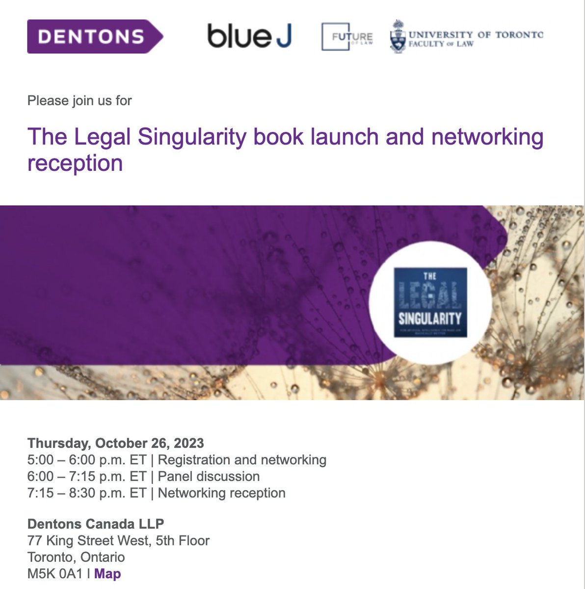 📚 Book Launch Alert! 

"The Legal Singularity: How AI Can Make Law Radically Better" by Abdi Aidid &amp; Benjamin Alarie. 

🗓️ Oct 26, 2023, 5-8:30pm ET at Dentons, Toronto. 

Join us for a panel discussion on AI &amp; the future of law. 

RSVP by Oct 20: insights.dentons.com/463/29930/land… 

More