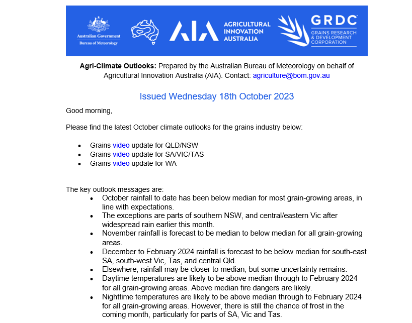Check out the <a href="/BOM_au/">Bureau of Meteorology, Australia</a> latest Agri-Climate Outlook with the excellent Jonathan How. Warm temperatures expected until February, with neutral rainfall outlook from ACCESS. 
Mid-October Grains Climate Outlook - Western Australia - YouTube
 #climate