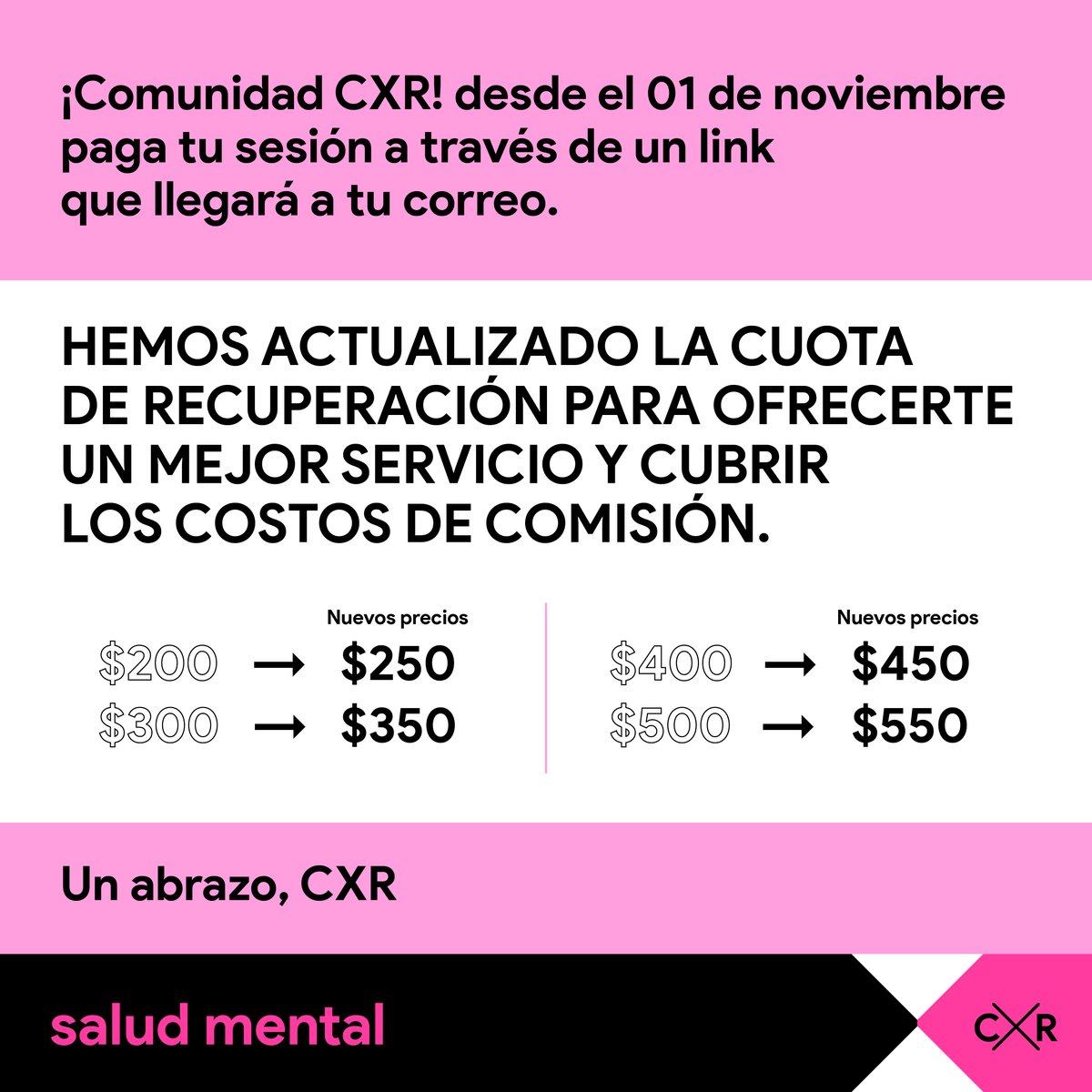 🚨  Aviso importante 🚨  
A partir del 1 de Noviembre nuestros precios por sesión de terapia se actualizan. 

Recuerda #NoEstásSola