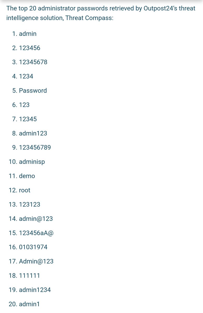 fabrizio_degni's tweet photo. According to a recent analysis did by #outpost24, with 1.8 million #passwords ranks ‘admin’ as the most popular password with over 40,000 entries!Unbelievable but it seems frequently the system administrators ignore or forget to change the default password and adopt strong Auth! https://t.co/TuNAO1L2Gq