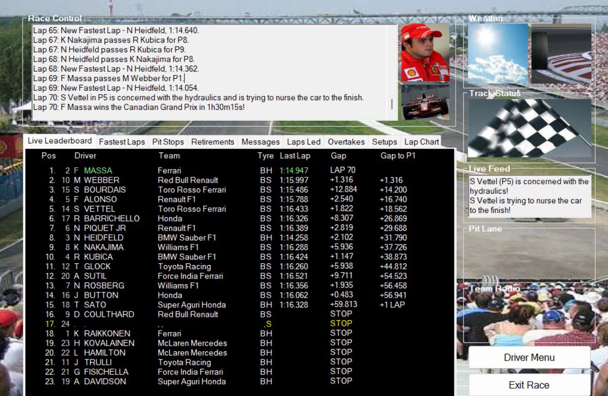 Formula0_versee's tweet photo. 70/70

@felipemassaF0  na última volta tira de lado finta e ultrapassa @WebberF0Verse e acaba o sonho de cinderela da RBR, para garantir sua segunda vitória seguida no campeonato.

Bourdais da @Tororosso0 fica em 3° para fechar o pódio https://t.co/6diAohiDCQ