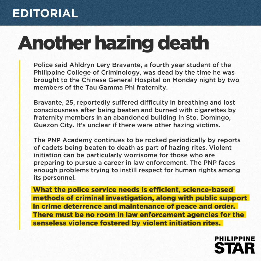 The Philippine Star on X: TODAY'S EDITORIAL: Despite the passage of two  laws prohibiting violent initiation rites in fraternities and sororities,  hazing is believed to have claimed another victim. t.co5UVvz5ocFT  t.coF3m6pSUhSZ 
