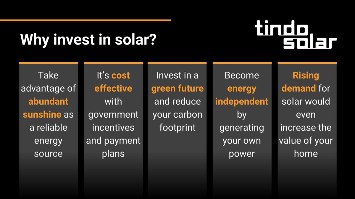 TindoSolar's tweet image. Why invest in solar?

- With climate change, solar power is more reliable than ever
- Government incentives make solar affordable
- Reduce emissions &amp;amp; contribute to a sustainable planet
- Generate your own power &amp;amp; cut utility bills
- Increase your home value!

#InvestInSolar