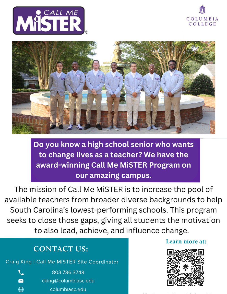 Do you know a high school senior looking to make a difference as a classroom teacher? Contact us to learn about the award winning, <a href="/ccofsc_cmm/">Columbia College (SC) Call Me Mister</a> at <a href="/ColumbiaKoala/">Columbia College, SC</a>. #ccthatsme #gokoalas #onemister