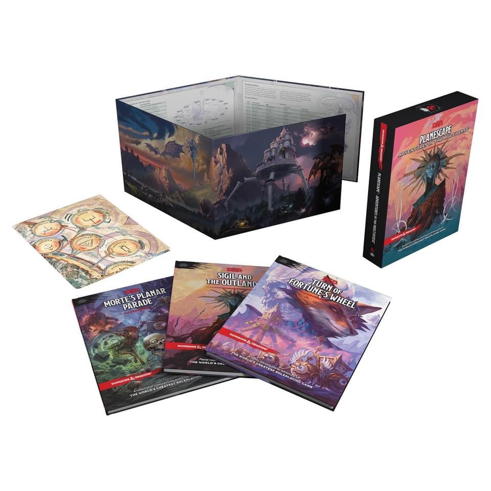 rivertowngames's tweet photo. Are ye ready to journey to the Outer Planes? The new #Planescape set is RIGHTEOUS. Two 96-page hardcovers, a 64-page #beastiary, a double-sided poster-sized map and a #DM screen in every set. We’ll have regular and alt covers on sale today!
#dungeonsanddragons #dnd #Planescape https://t.co/Vg56sMDOac