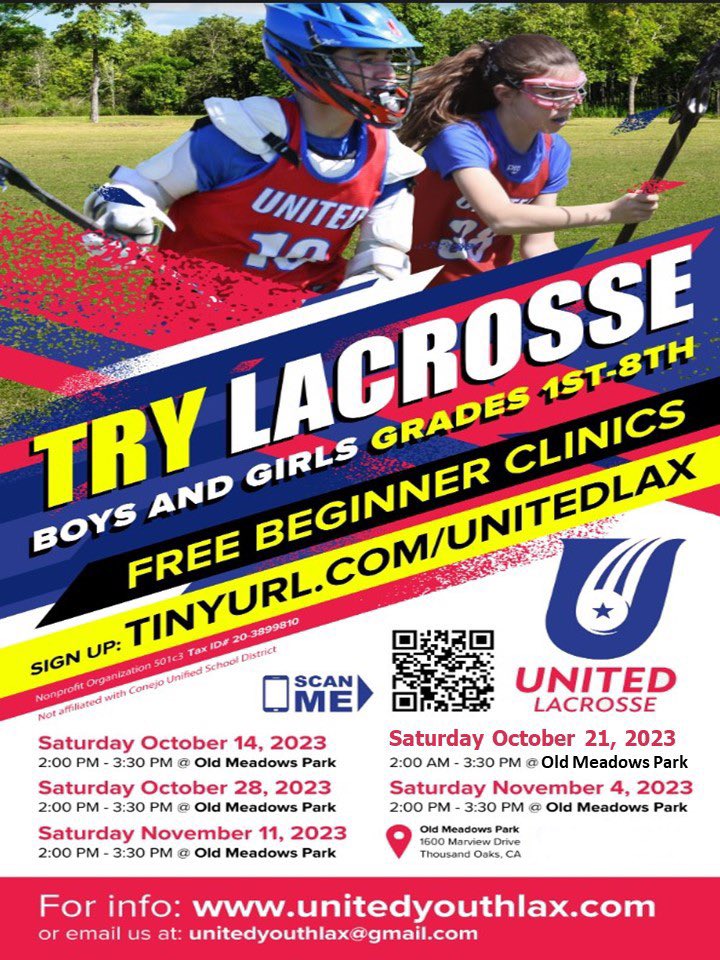 Next Lacrosse Clinic this Saturday, Oct 21st, 2pm-3:30pm @ Old Meadows Park, 1600 Marview Dr, Thousand Oaks. Join us and Bring a Friend! All Levels Welcome! Register online (Link in Bio). Walk Ups Welcome! #united #lacrosse #community #growthegame🥍🥍🥍🔥🔥🔥