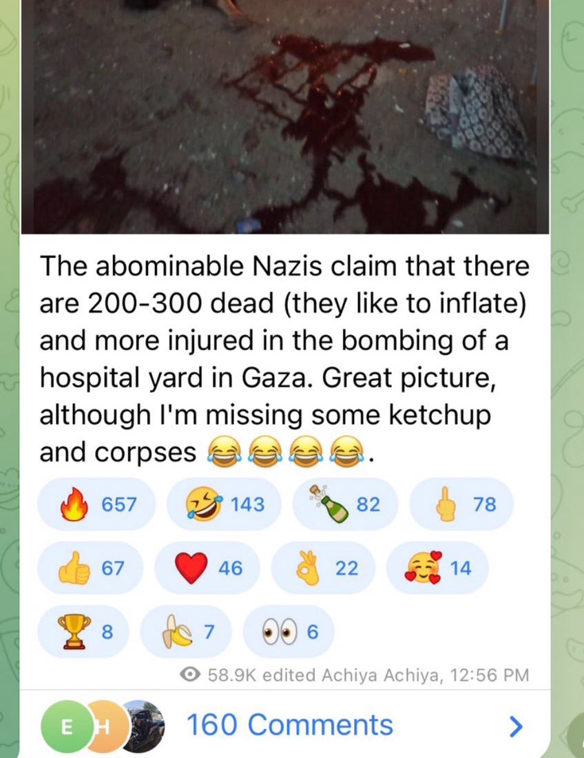 jacksonhinkle's tweet photo. 🇮🇱🇵🇸 A popular Israeli Telegram channel with 85,000 subscribers is celebrating Israel’s bombing of the Gaza Baptist hospital!

They posted a photo of one of the 500+ dead civilians, writing “Great picture, although I'm missing some ketchup and corpses.” https://t.co/J3Zf0RbAos