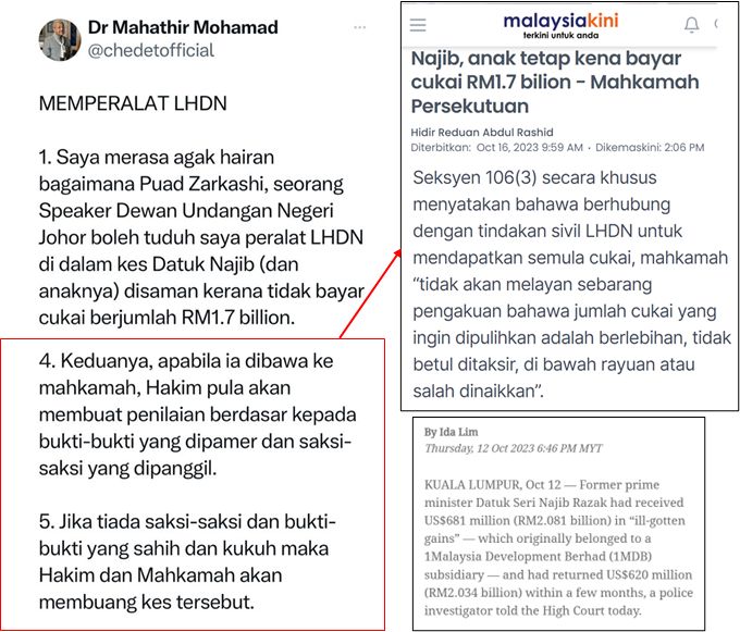 Mahathir menipu lagi. Dia kata mahkamah akan menilaikan sama ada taksiran cukai RM1.7 bilion ke atas Najib adalah patut atau tidak. Ini tidak benar. Mahkamah tak pernah nilaikan atau pertikaikan sama ada taksiran LHDN ke atas Najib adalah tepat atau tidak. Sebaliknya,…