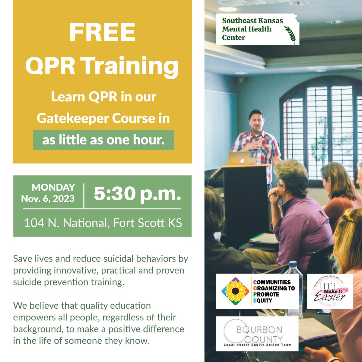 healthybbco's tweet photo. HBCAT is excited to partner with the Southeast Kansas Mental Health Center to bring FREE QPR training to Fort Scott! 

With these three simple steps -- Question, Persuade, and Refer -- anyone can learn to help save a life from suicide! https://t.co/Jj3FE8iT06