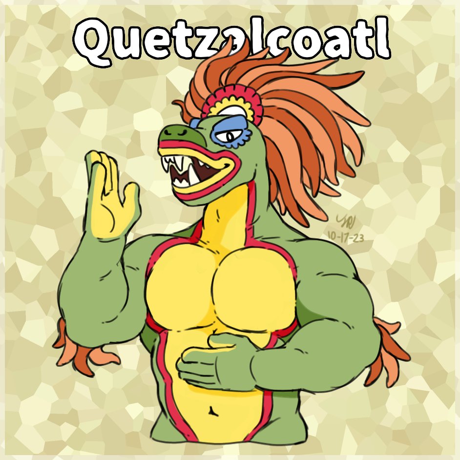 Q is for Quetzalcoatl, an Aztec diety related to the wind, knowledge, merchants, the Sun, Venus, and arts & crafts. #teratophilia #teratoberalphabet #TeratoberAlphabet2023 #bara #monsterlover