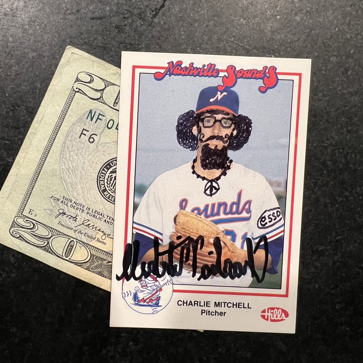 When Charlie Mitchell owes you $20 he sends it to you in cash &amp; includes tip in the form of a priceless 1988 <a href="/nashvillesounds/">Nashville Sounds</a> card of his that he’s autographed and customized w/ an afro, goatee and a handlebar mustache!
• ‘82 drafted <a href="/RedSox/">Red Sox</a>
• ‘84-85 Boston
• ‘88-‘91 Sounds