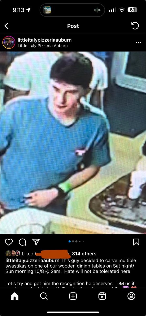 Hi, #Auburn Twitter. This guy decided to carve swastikas on a table at Little Italy in Auburn. Let’s help the pizzeria identify the racist.