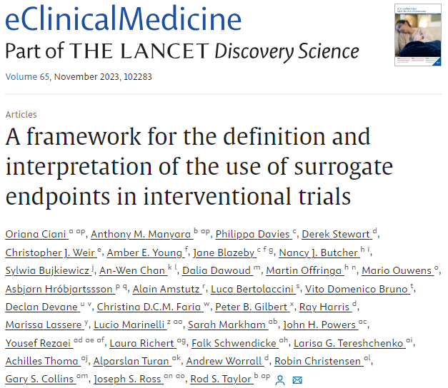 📢NEW Publication in @eClinicalMed as part of the SPIRIT|CONSORT-Surrogate Project A framework for the definition and interpretation of the use of surrogate endpoints in interventional trials sciencedirect.com/science/articl…