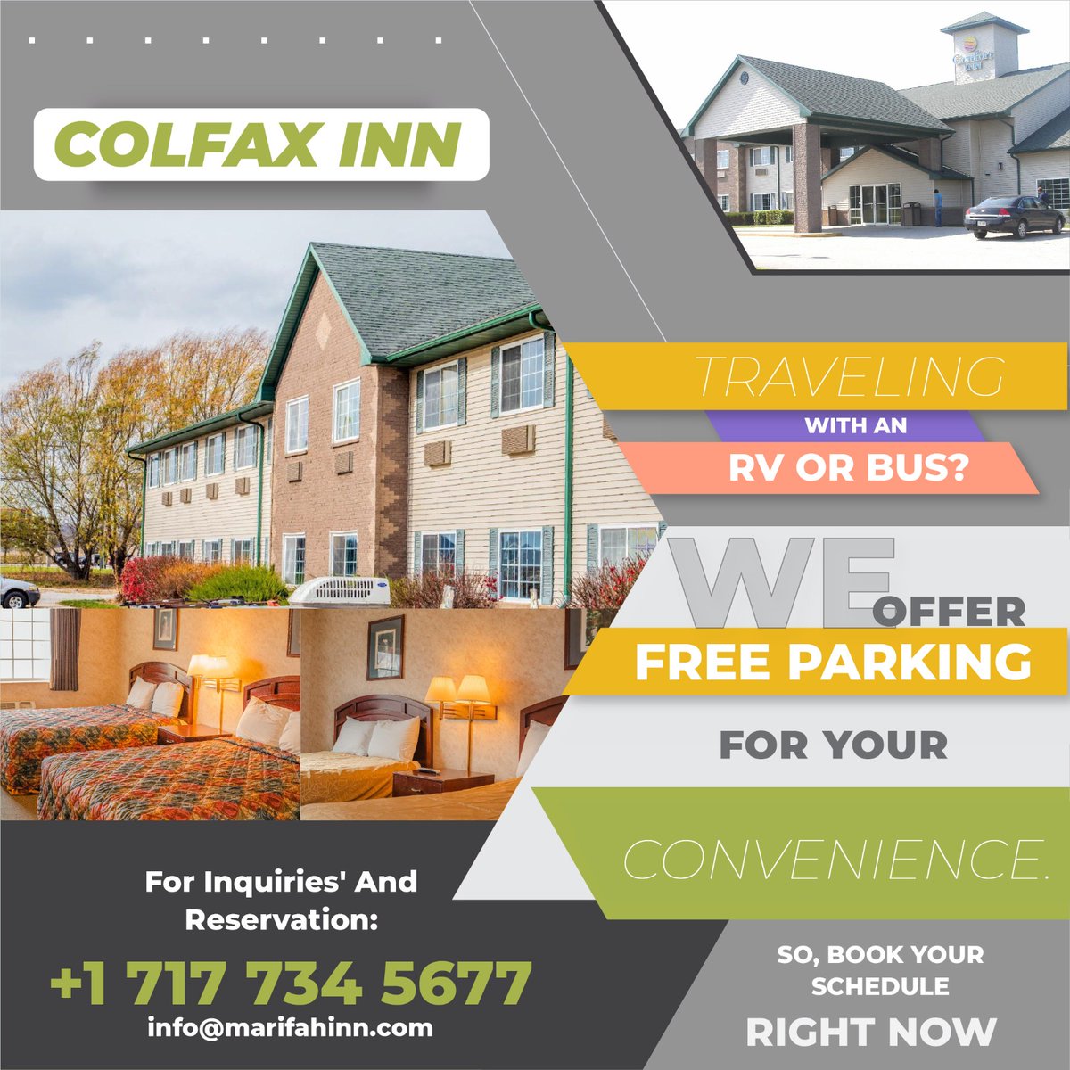 Calling all road warriors! Colfax Inn offers complimentary parking for RVs and buses. Book your stay today and relax in comfort.
Visit Us: marifahinn.com/website/hotelD…
#ColfaxInn #RVTravel #BusTravel #ParkForFree #RoadTrip #TravelInStyle #ComfortOnTheRoad #HassleFreeStay #RVLife