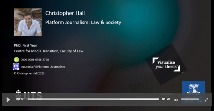 Special Mention in Visualise Your Thesis International 2023 goes to Christopher Hall 'Platform Journalism: Law & Society', University of Technology Sydney 🎞 bit.ly/3QhQHvH @UTSengage @utslibrary #VYT2023 #VisualiseThesis #eResAU2023 @digitalsci @figshare @AeRO_eREsearch