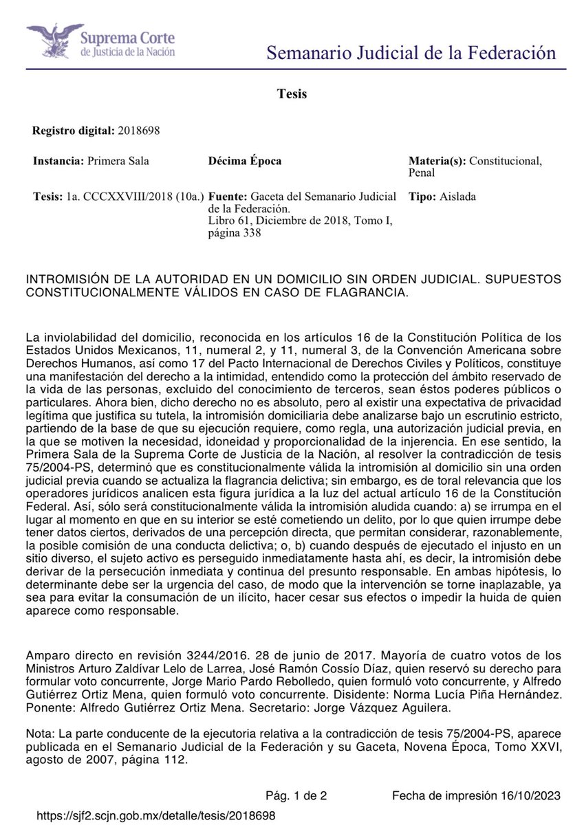 licdanielasama1's tweet photo. Intromisión de la Autoridad en un domicilio sin orden judicial, supuestos constitucionalmente válidos en caso de flagrancia. https://t.co/dVBSFpvMSr