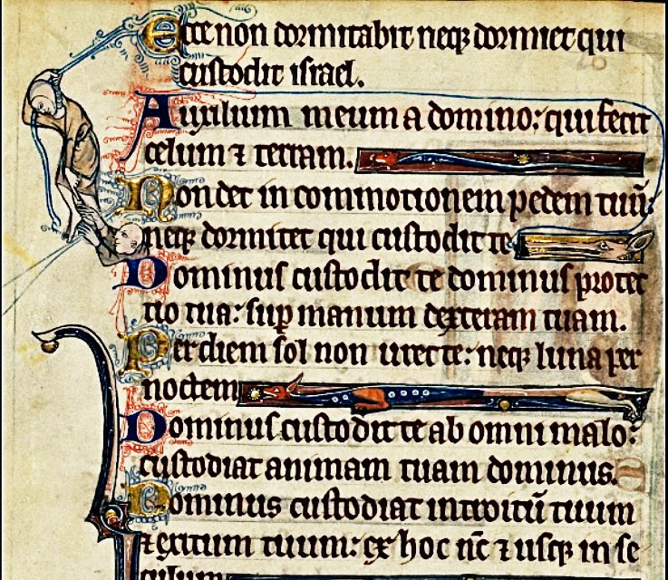 MedMilMedicine's tweet photo. Another fine example of a scribe’s error being corrected. Here the words are being pulled down by one man towards another who waits between the fourth and fifth lines to receive them  -  c. 1300, English Book of Hours, Walters Ms. W.102, f. 39v https://t.co/06JUJJ0O1F