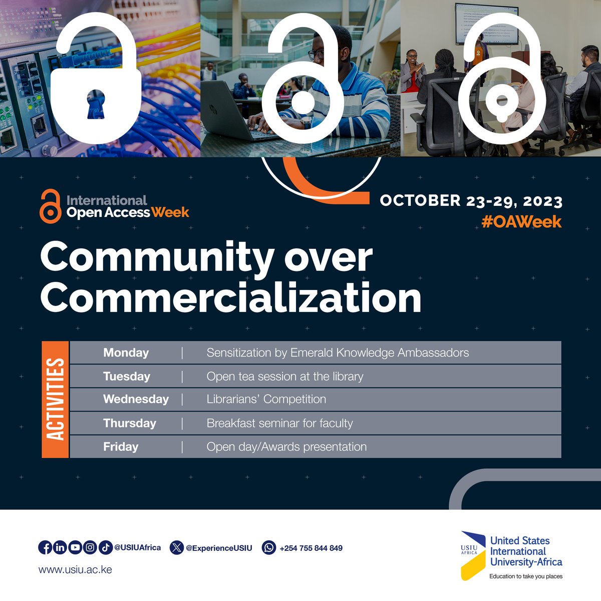 UsiuLibrary's tweet image. Get ready for an enlightening Open Access Week, happening from October 23-29, 2023.
This year&apos;s theme: &quot;Community over Commercialization.&quot;
Join us in celebrating open access and the power of knowledge sharing!
#OpenAccessWeek2023 @UsiuLibrary