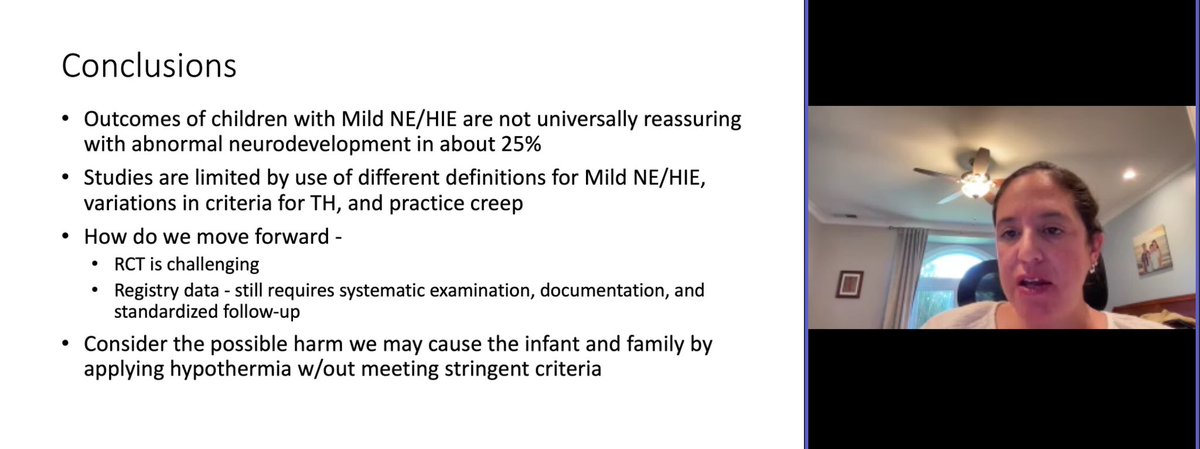 @SBonifacioNeo @KPDOR NDI see in 1/4 mild HIE. 

Mild HIE & TH- benefit vs harm, not yet clear. Standby for TIME Study!

Document serial exams in mild HIE- include narrative of reasoning!

EEG is key- undertreats true electrographic sz & overtreats clinical “sz”

#NeoGrandRounds
#LifeLongLearning