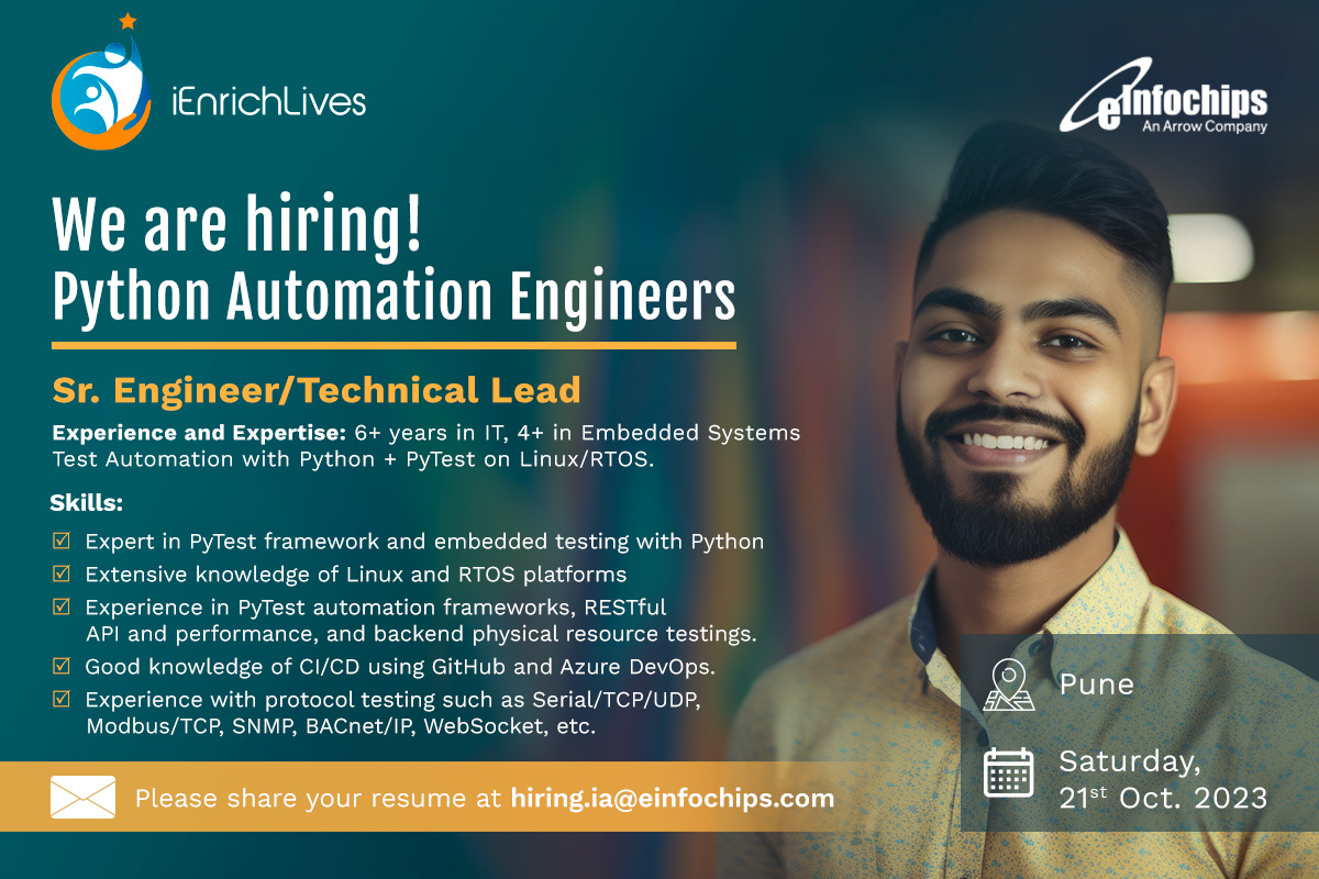 IEL_eInfochips's tweet image. Unlock your potential in #Pune!
#Hiring  Sr. Engineers (Technical Lead) with #PythonAutomation skills.  

Join @eInfochips where #worklife balance, #growth, and an #inspiring team await. Submit your resume to hiring.ia@einfochips.com. 

#JoinEIC #ApplyNow #iEnrichLives