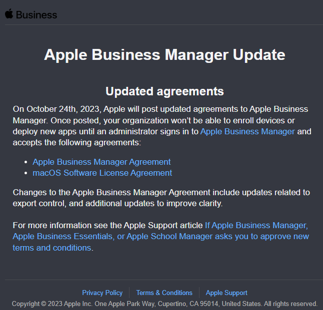LeeviewB's tweet photo. Save the date! Apple is updating the agreements to ABM again. Make sure to accept them.
#macadmins https://t.co/05OHAiduEg