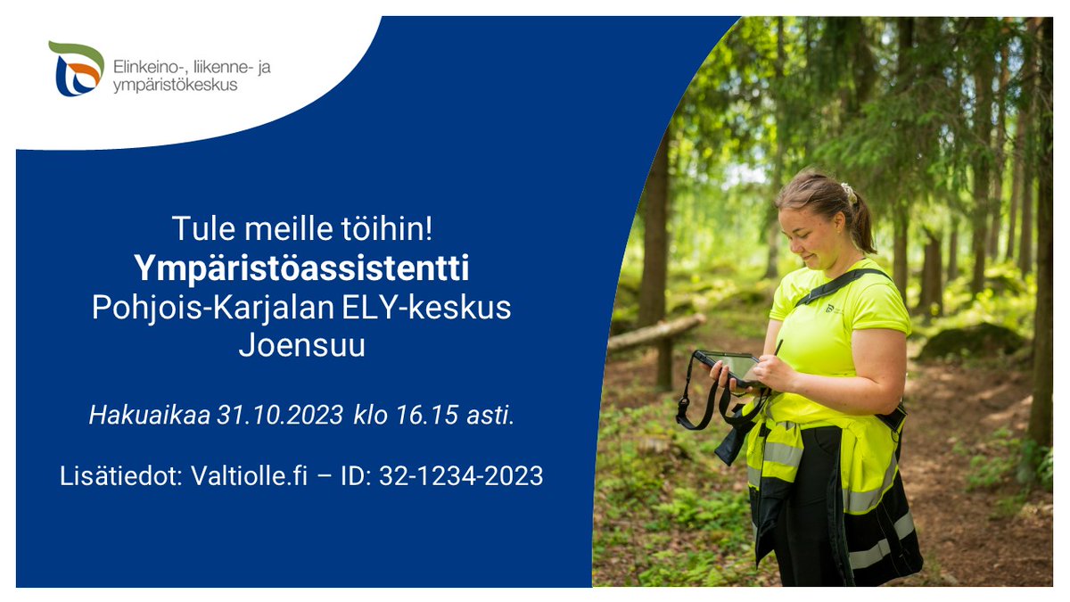 Tule meille töihin! Meillä on avoinna vakituinen virka ympäristöassistentiksi. Tehtävä sisältää monipuolisia ympäristö ja luonnonvarat -vastuualueen tehtäviä! 

Haku päättyy 31.10. klo 16.15. Lisätiedot: 👇 
valtiolle.fi/fi-FI/ilmoitus…
#rekrytointi #valtiollefi