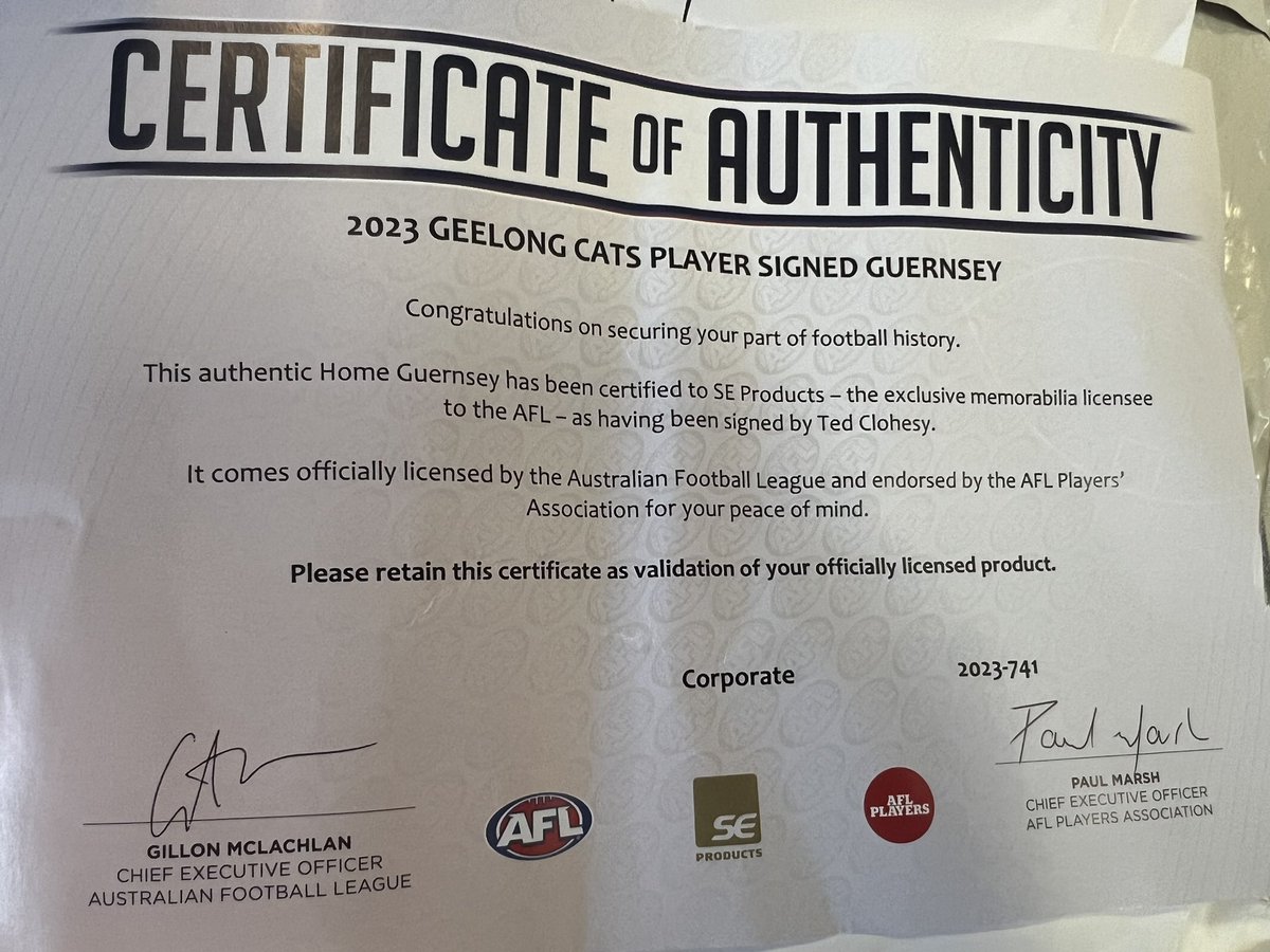 SamualWarngtm's tweet photo. Got my parcel today! Future cats superstar Ted Clohesy’s signed guernesey for my collection. #wearegeelong #gotcats #afl #geelongfootballclub https://t.co/l5LNLlLoXM
